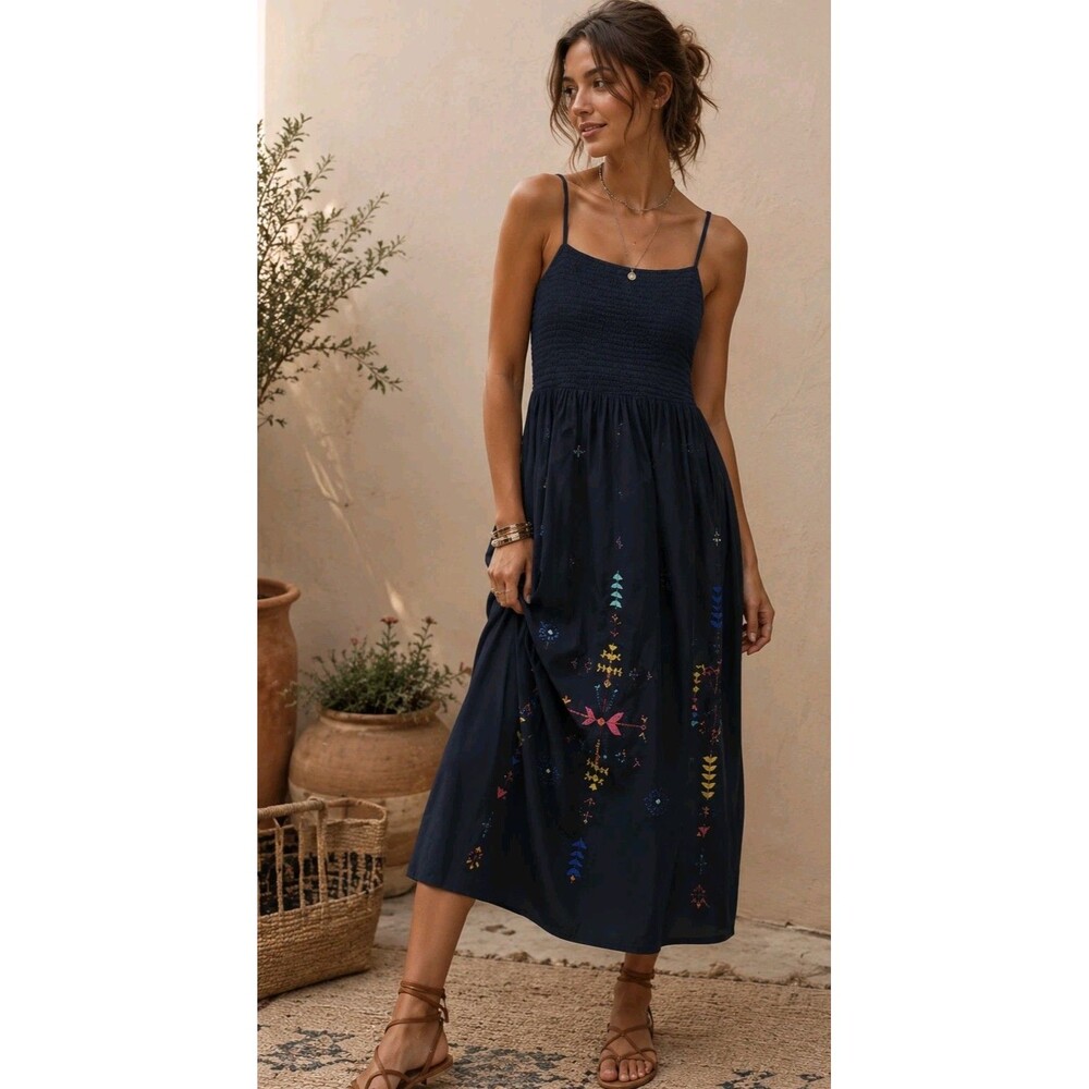 Figue Azalea Midi Dress Embroidered Navy Blye Tie Strap– Boho Resort Style S